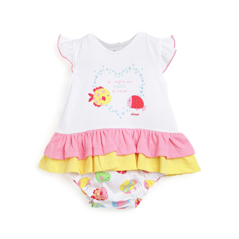 Girls White & Pink Printed Short Sleeve Rompers image number 0